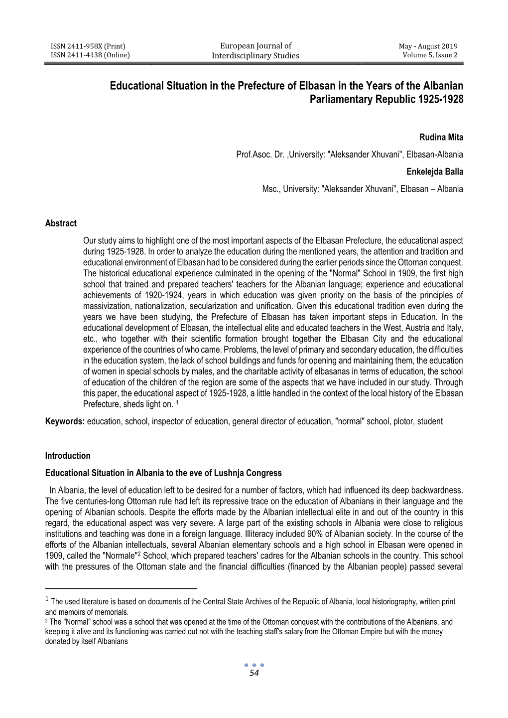 Educational Situation in the Prefecture of Elbasan in the Years of the Albanian Parliamentary Republic 1925-1928