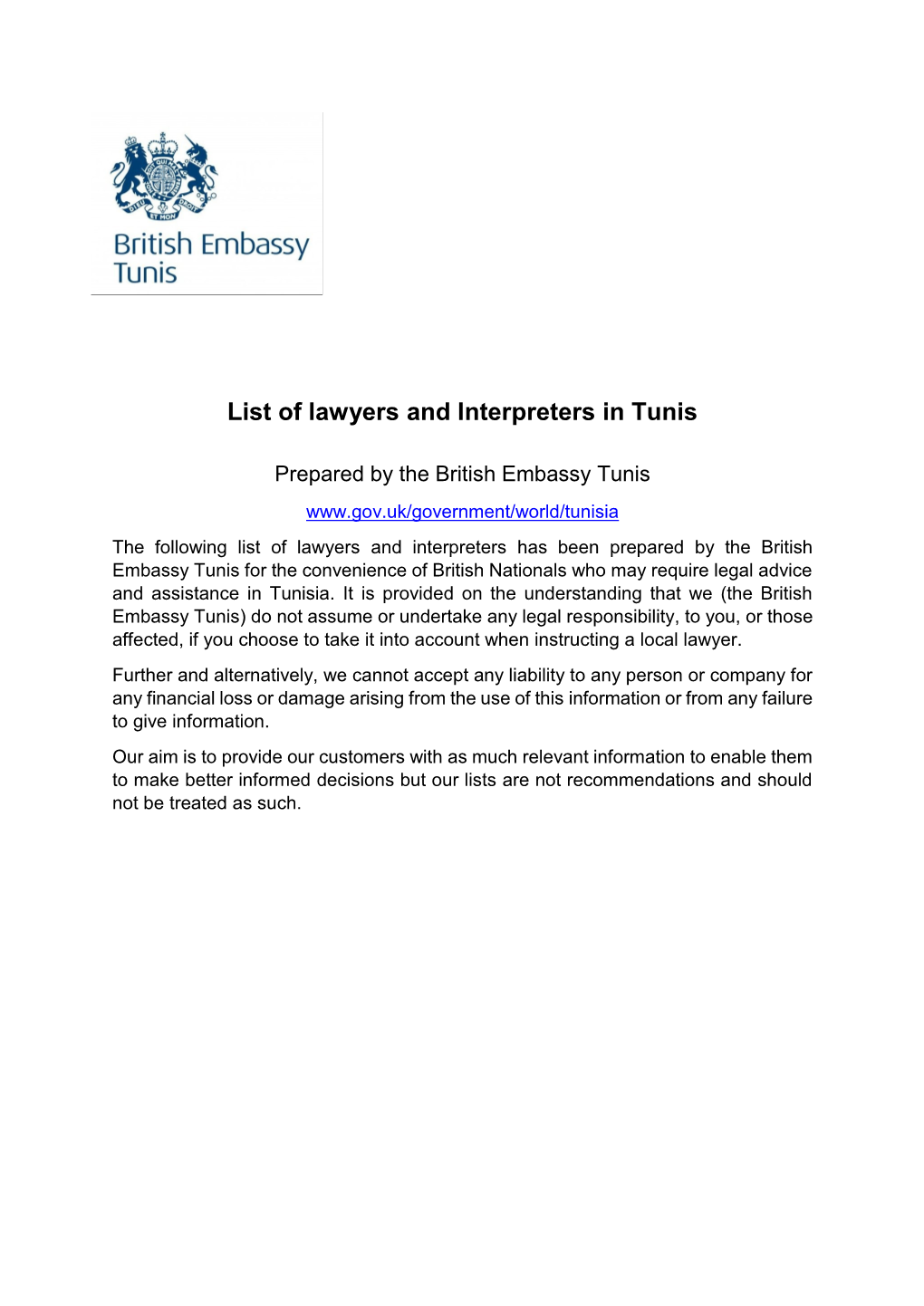 List of Lawyers and Interpreters in Tunis