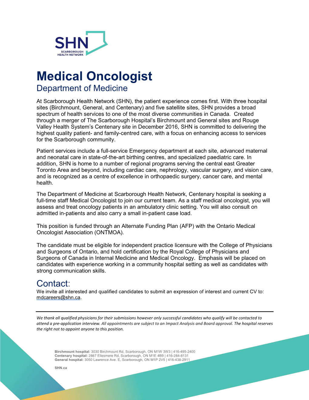 Medical Oncologist Department of Medicine at Scarborough Health Network (SHN), the Patient Experience Comes First