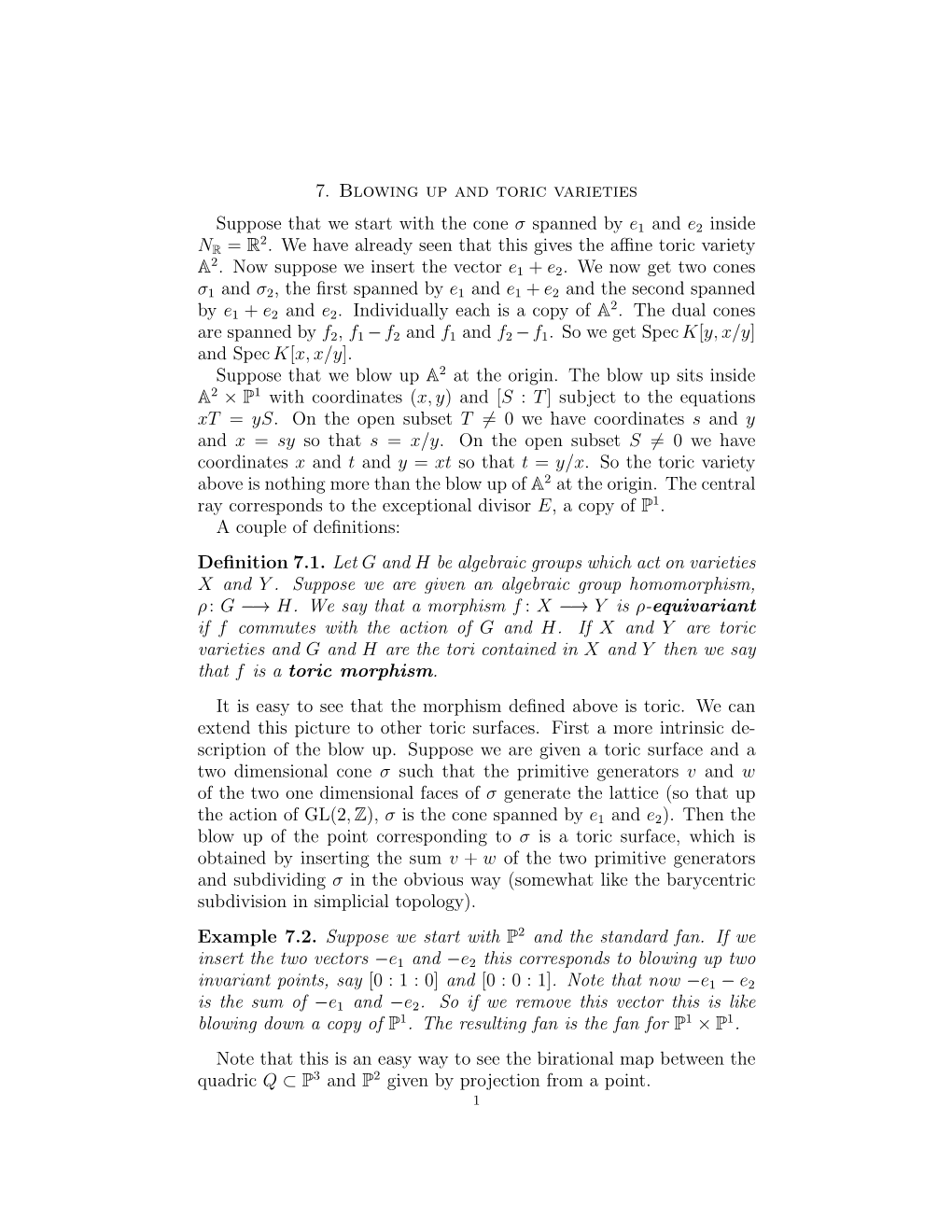 7. Blowing up and Toric Varieties Suppose That We Start with the Cone