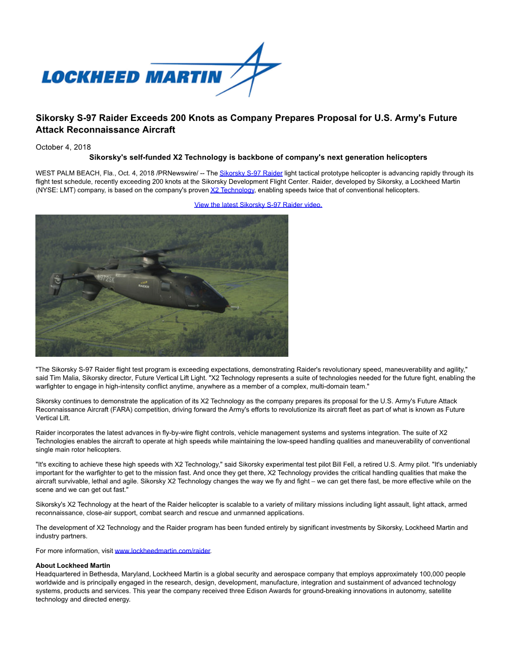 Sikorsky S-97 Raider Exceeds 200 Knots As Company Prepares Proposal for U.S. Army's Future Attack Reconnaissance Aircraft