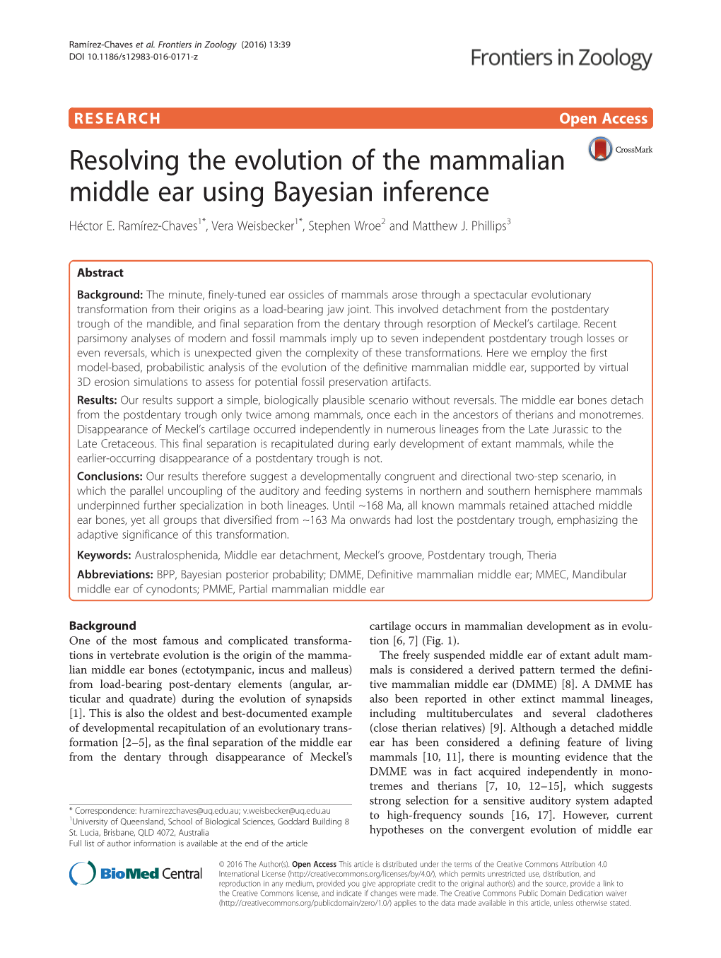 Resolving the Evolution of the Mammalian Middle Ear Using Bayesian Inference Héctor E