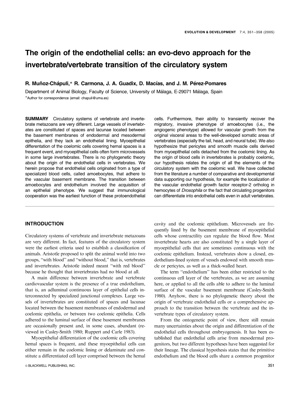 The Origin of the Endothelial Cells: an Evo-Devo Approach for the Invertebrate/Vertebrate Transition of the Circulatory System