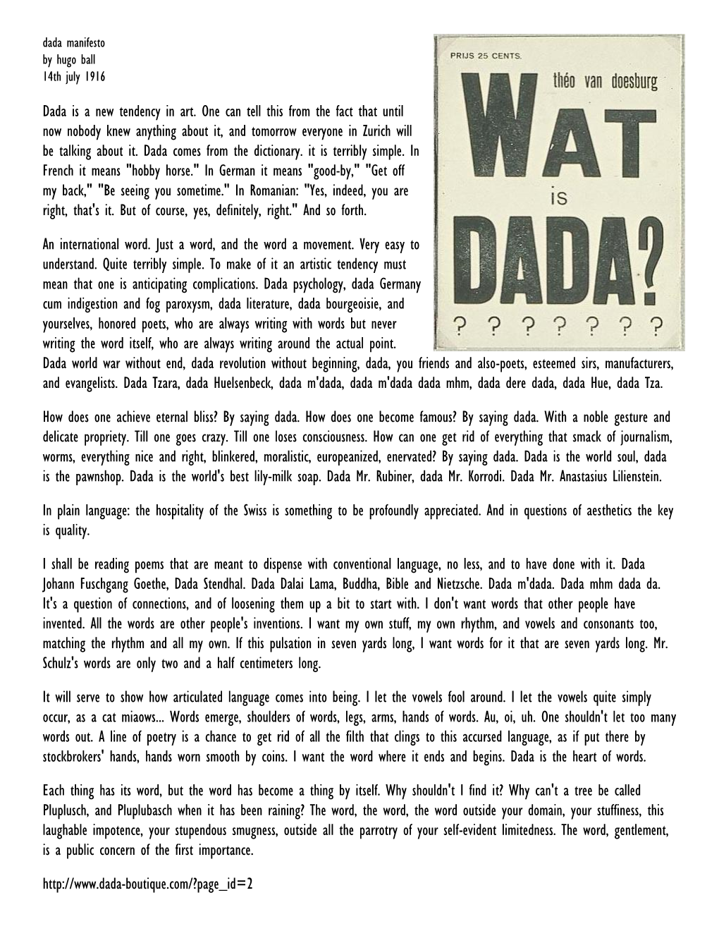 Dada Manifesto by Hugo Ball 14Th July 1916