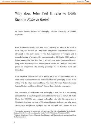 Why Does John Paul II Refer to Edith Stein in Fides Et Ratio?