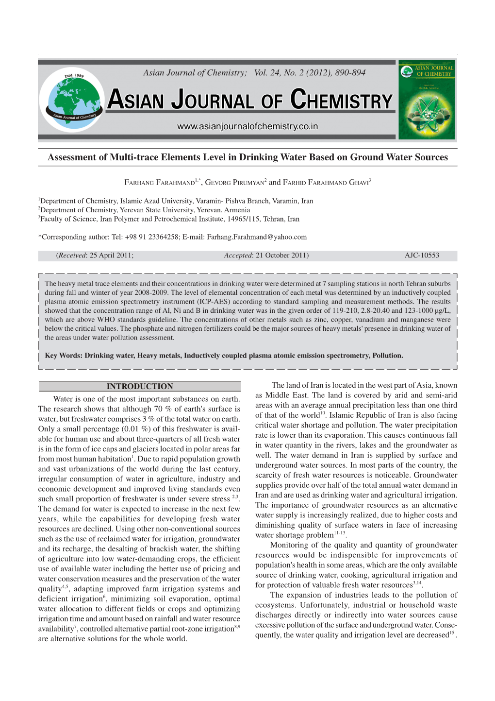 Assessment of Multi-Trace Elements Level in Drinking Water Based on Ground Water Sources