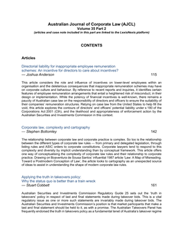 Australian Journal of Corporate Law (AJCL) Volume 35 Part 2 (Articles and Case Note Included in This Part Are Linked to the Lexisnexis Platform)