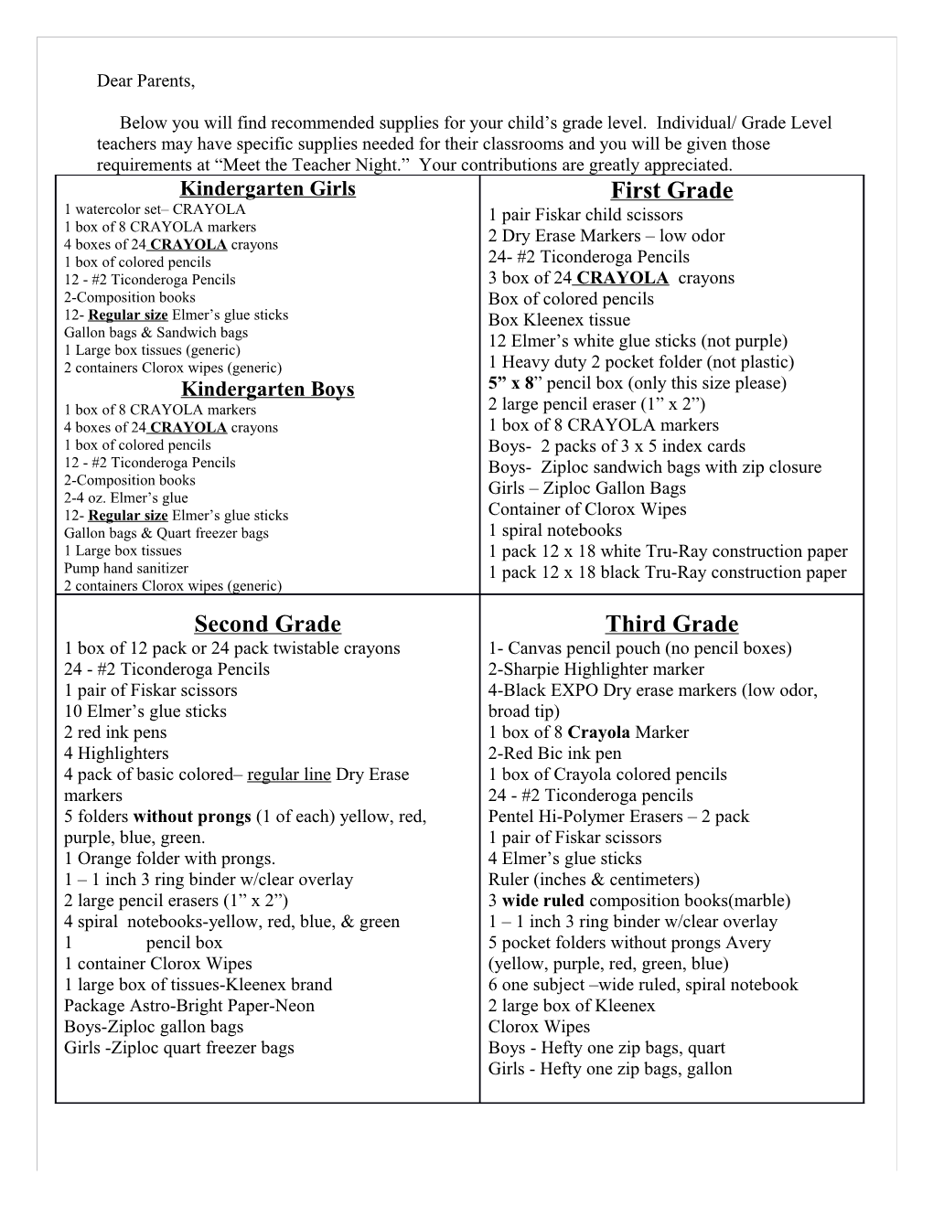 Below You Will Find Recommended Supplies for Your Child S Grade Level. Individual/ Grade