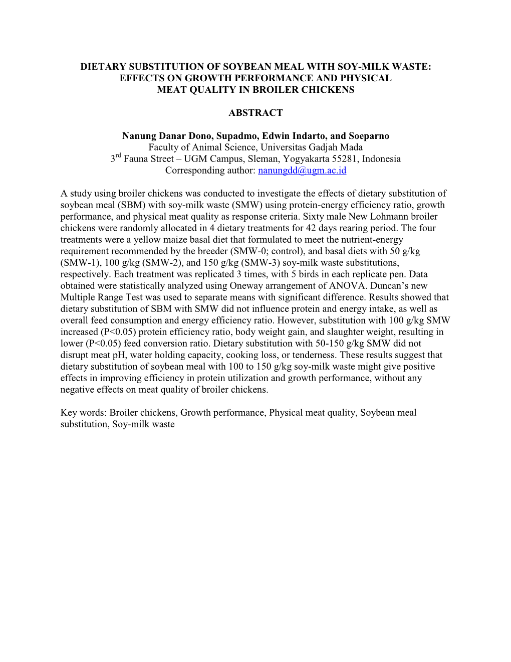 Dietary Substitution of Soybean Meal with Soy-Milk Waste: Effects on Growth Performance and Physical Meat Quality in Broiler Chickens