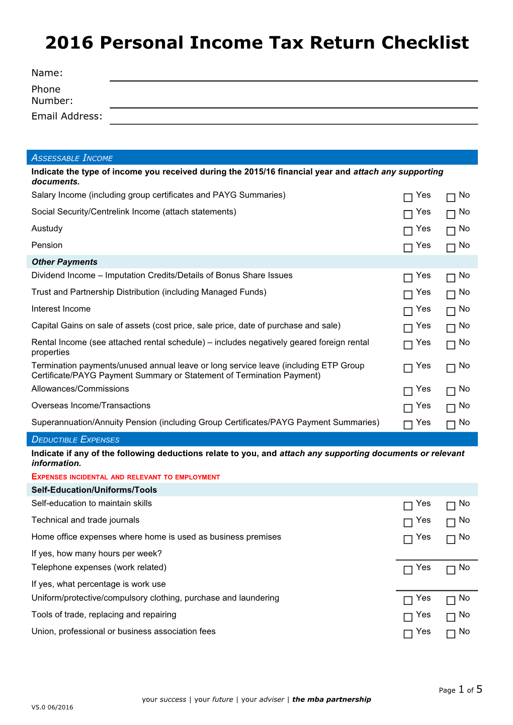 2016 Personal Income Tax Return Checklist