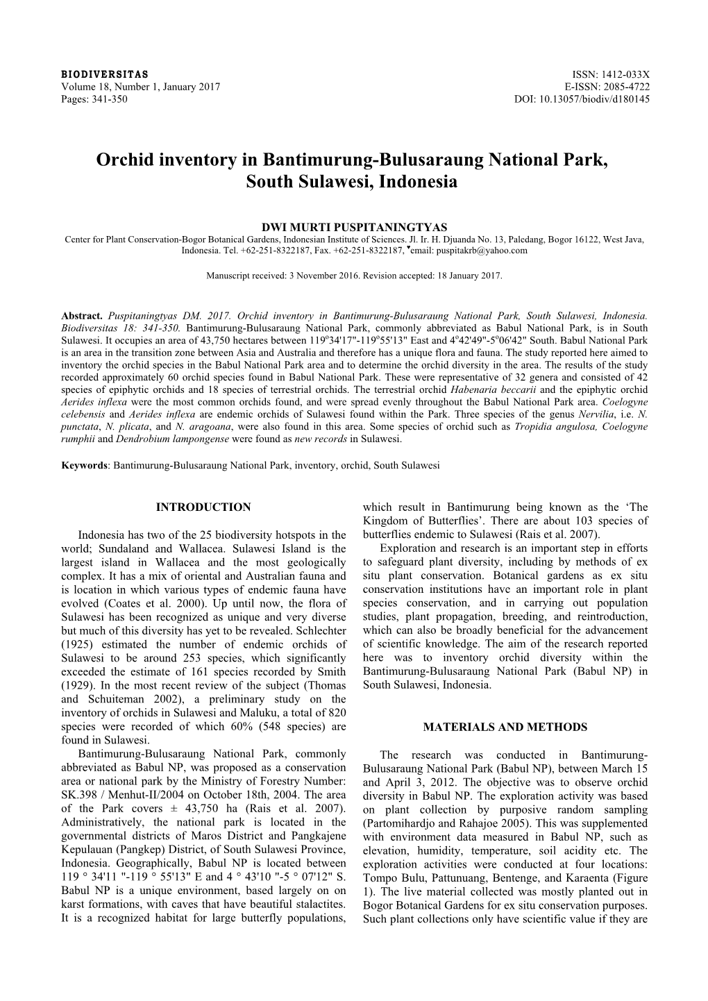 Orchid Inventory in Bantimurung-Bulusaraung National Park, South Sulawesi, Indonesia