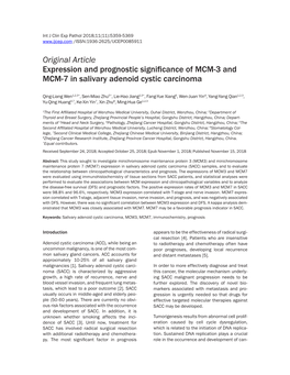 Original Article Expression and Prognostic Significance of MCM-3 and MCM-7 in Salivary Adenoid Cystic Carcinoma