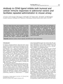 Antibody to CD40 Ligand Inhibits Both Humoral and Cellular Immune Responses to Adenoviral Vectors and Facilitates Repeated Administration to Mouse Airway