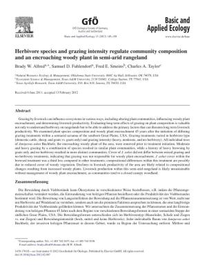Herbivore Species and Grazing Intensity Regulate Community Composition and an Encroaching Woody Plant in Semi-Arid Rangeland Brady W