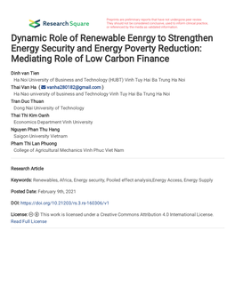 Dynamic Role of Renewable Eenrgy to Strengthen Energy Security and Energy Poverty Reduction: Mediating Role of Low Carbon Finance