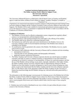 Academic Institution Implementation Agreement the Online Academy Positive Behavior Support Team the University of Kansas Instructor's Agreement