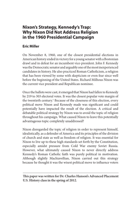 Why Nixon Did Not Address Religion in the 1960 Presidential Campaign