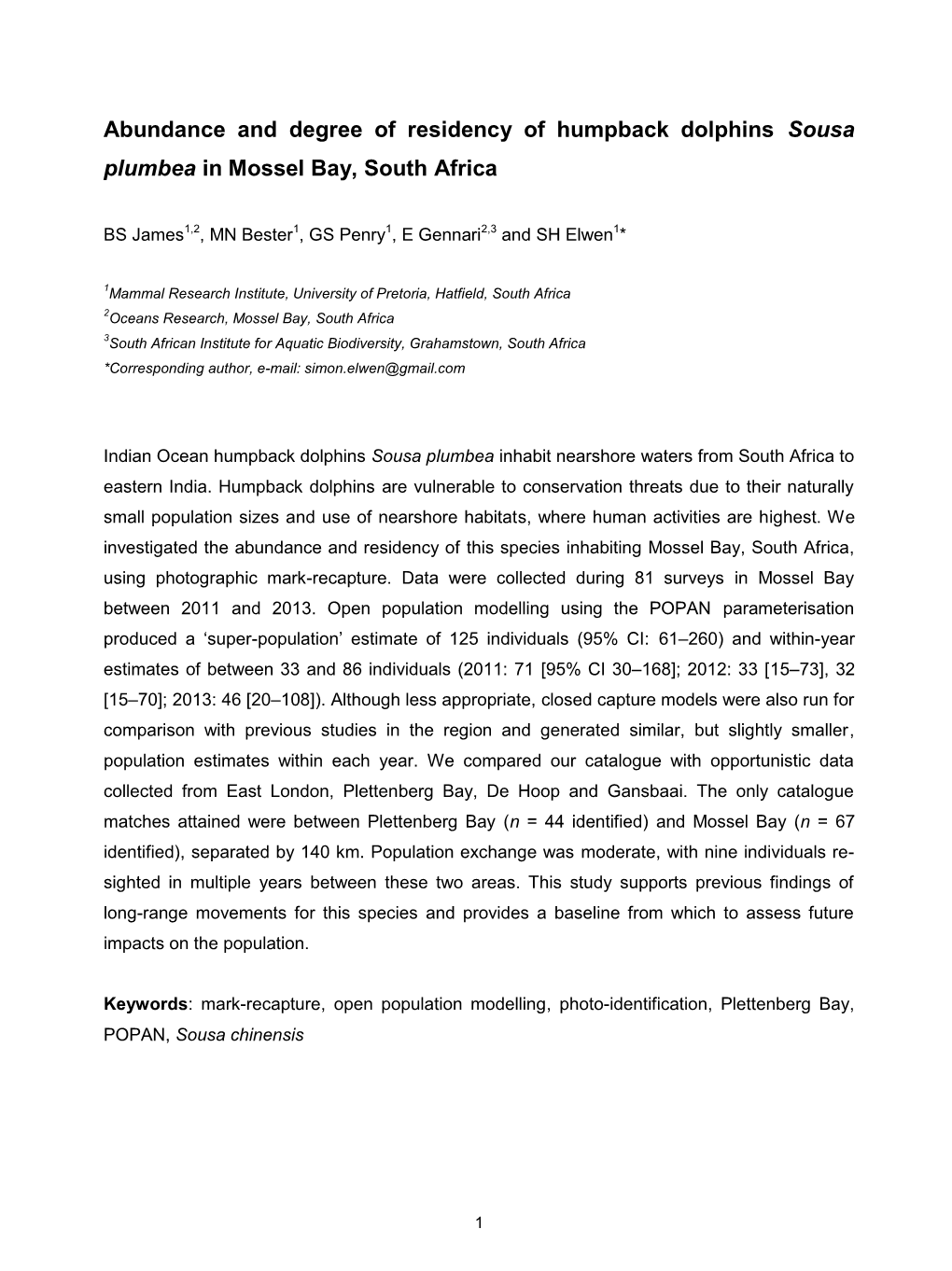 Abundance and Degree of Residency of Humpback Dolphins Sousa Plumbea in Mossel Bay, South Africa