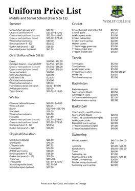 Uniform Price List