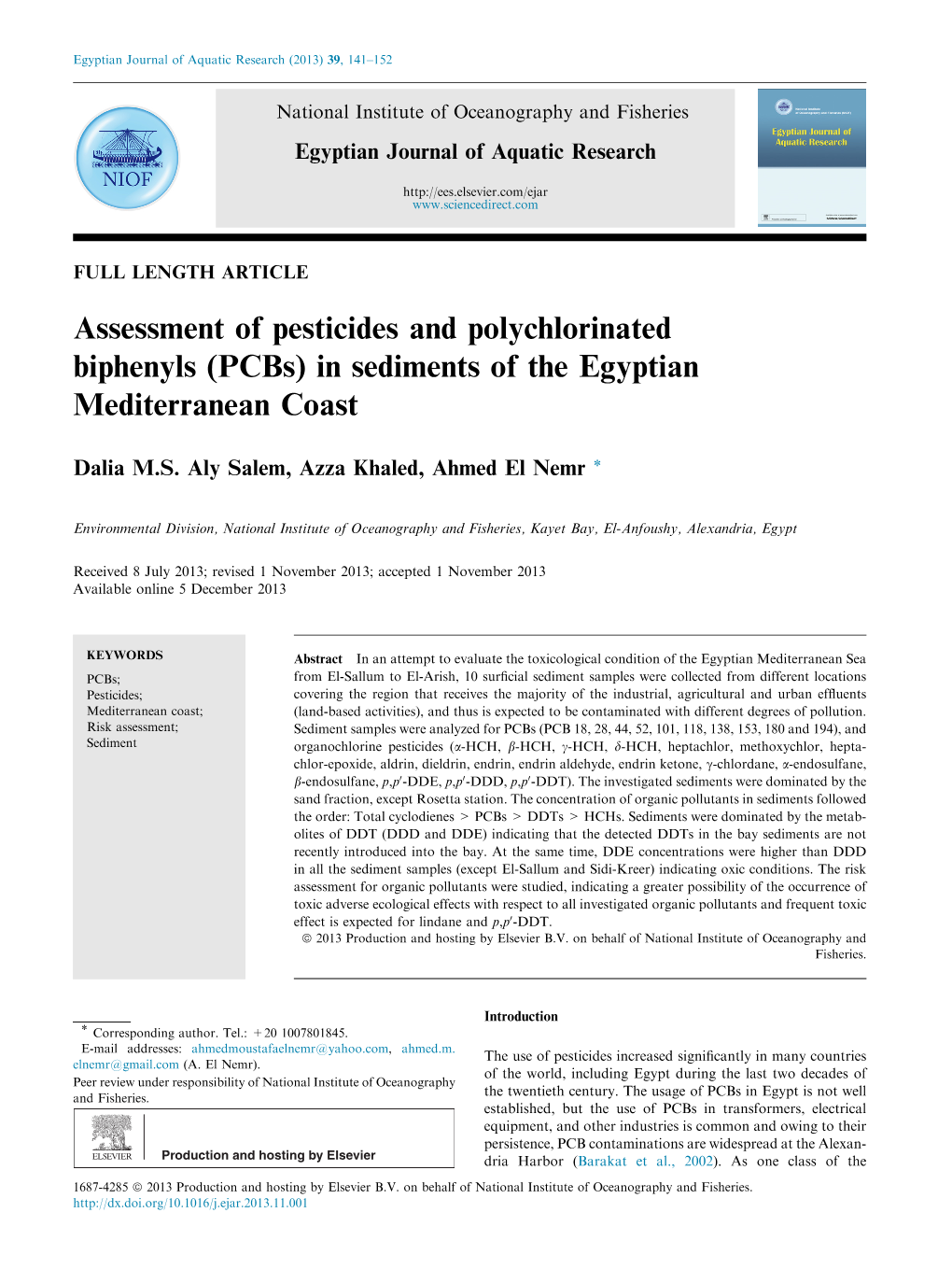 (Pcbs) in Sediments of the Egyptian Mediterranean Coast