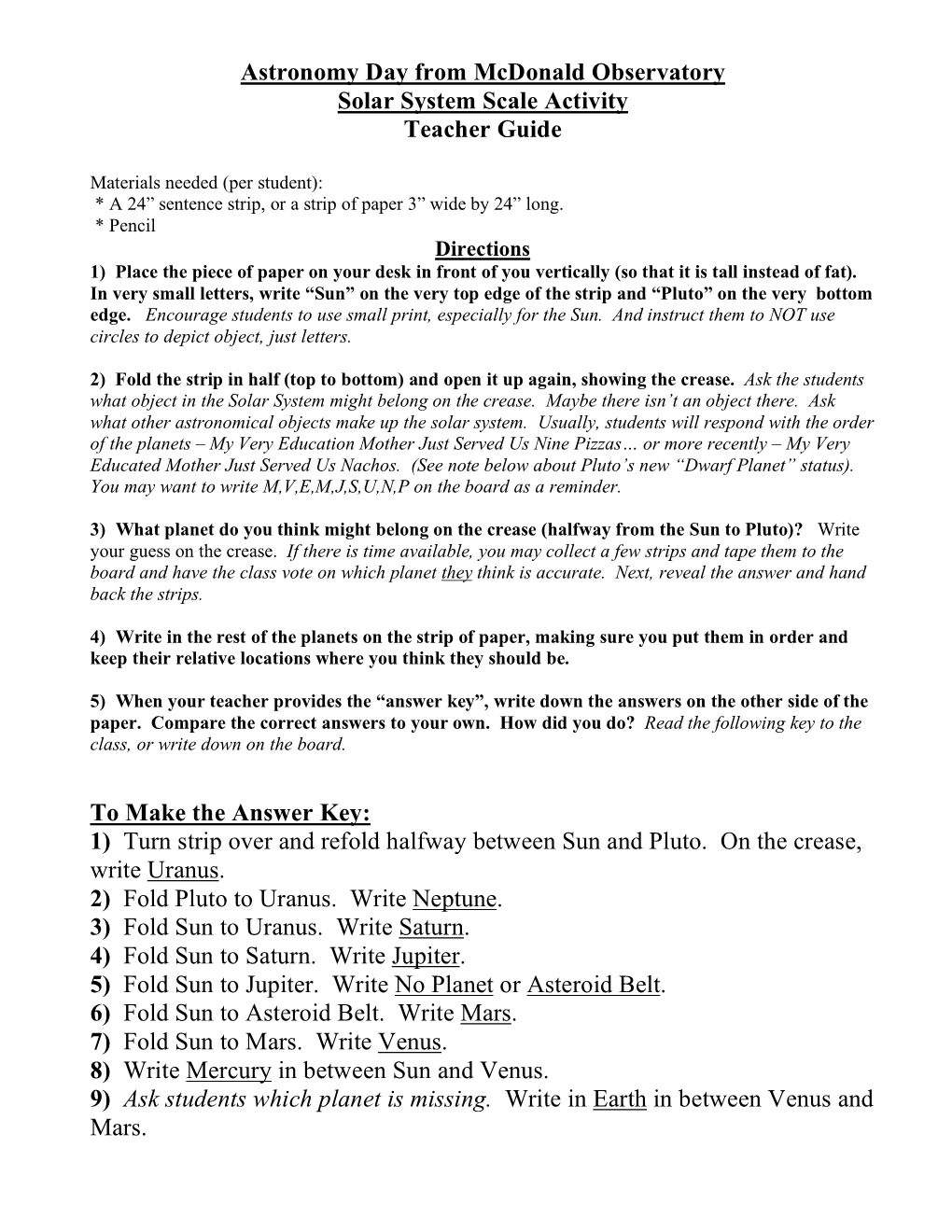 Astronomy Day from Mcdonald Observatory Solar System Scale Activity Teacher Guide