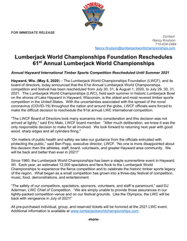 Lumberjack World Championships Foundation Reschedules 61St Annual Lumberjack World Championships