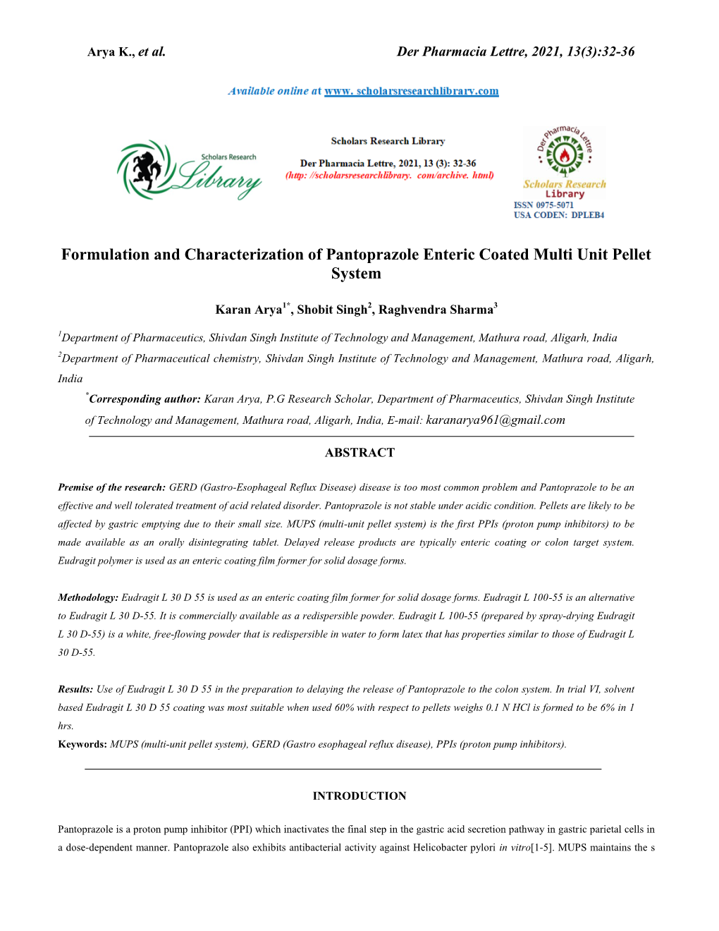 Formulation and Characterization of Pantoprazole Enteric Coated Multi Unit Pellet System