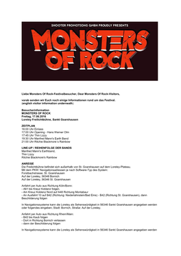 Liebe Monsters of Rock-Festivalbesucher, Dear Monsters of Rock-Visitors, Vorab Senden Wir Euch Noch Einige Informationen Rund Um Das Festival