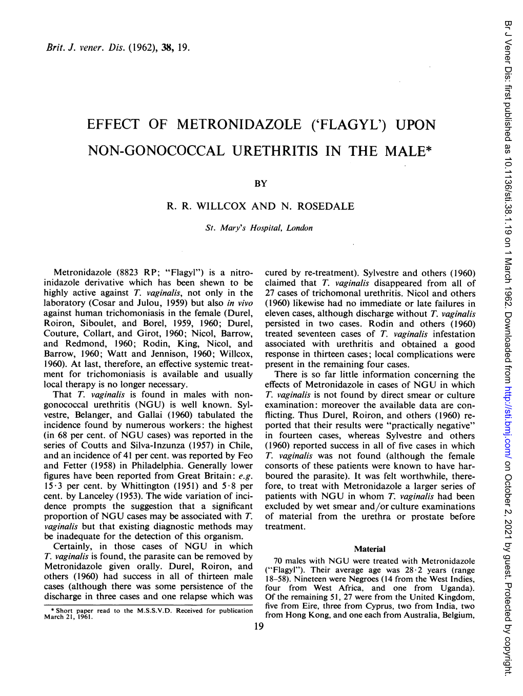 Effect of Metronidazole ('Flagyl') Upon Non-Gonococcal Urethritis in the Male*