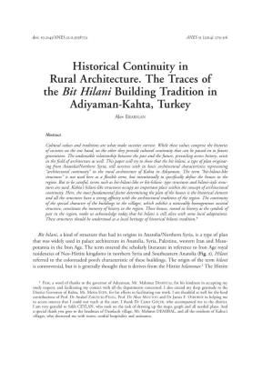 Historical Continuity in Rural Architecture. the Traces of the Bit Hilani Building Tradition in Adiyaman-Kahta, Turkey Alev ERARSLAN