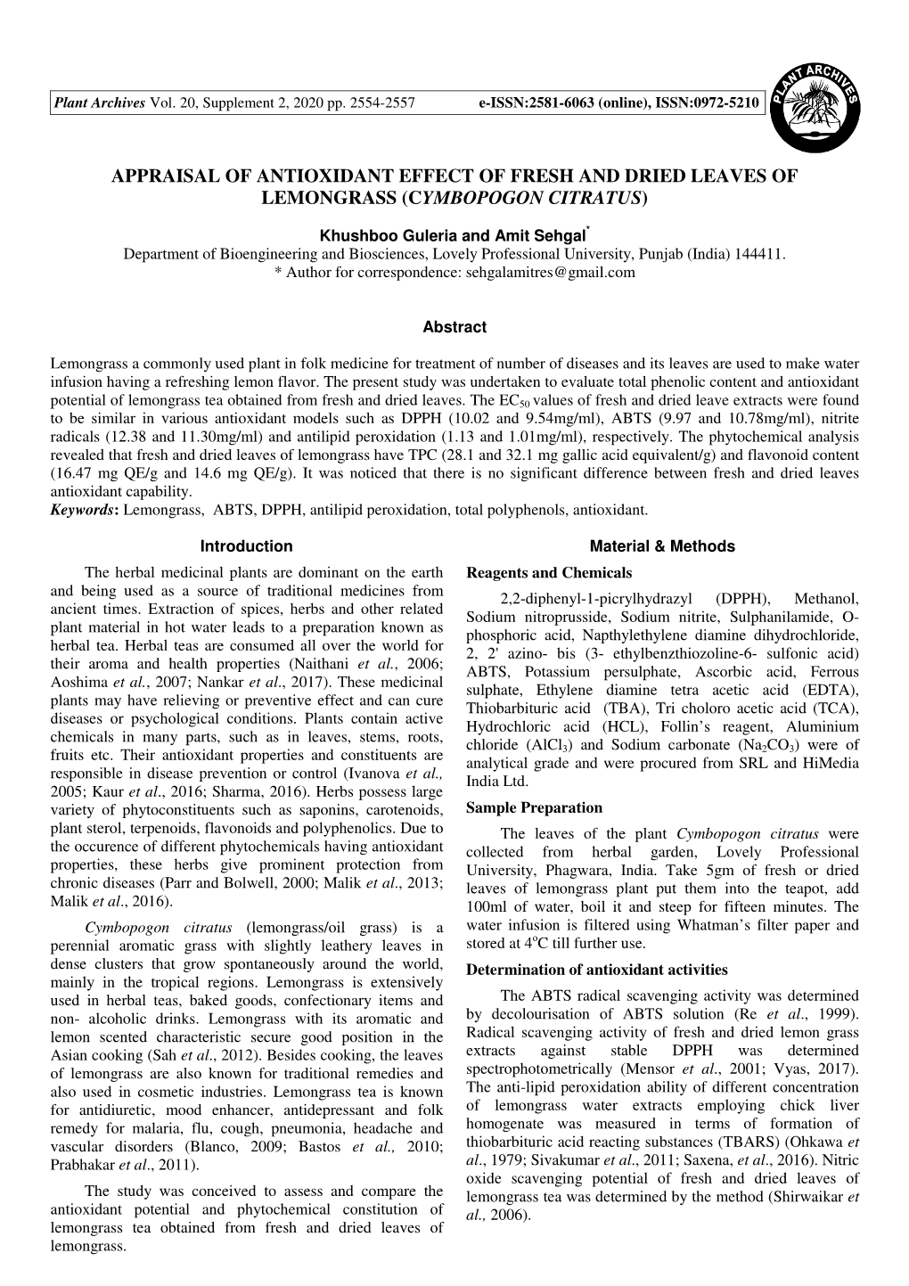 Appraisal of Antioxidant Effect of Fresh and Dried Leaves of Lemongrass (C Ymbopogon Citratus )