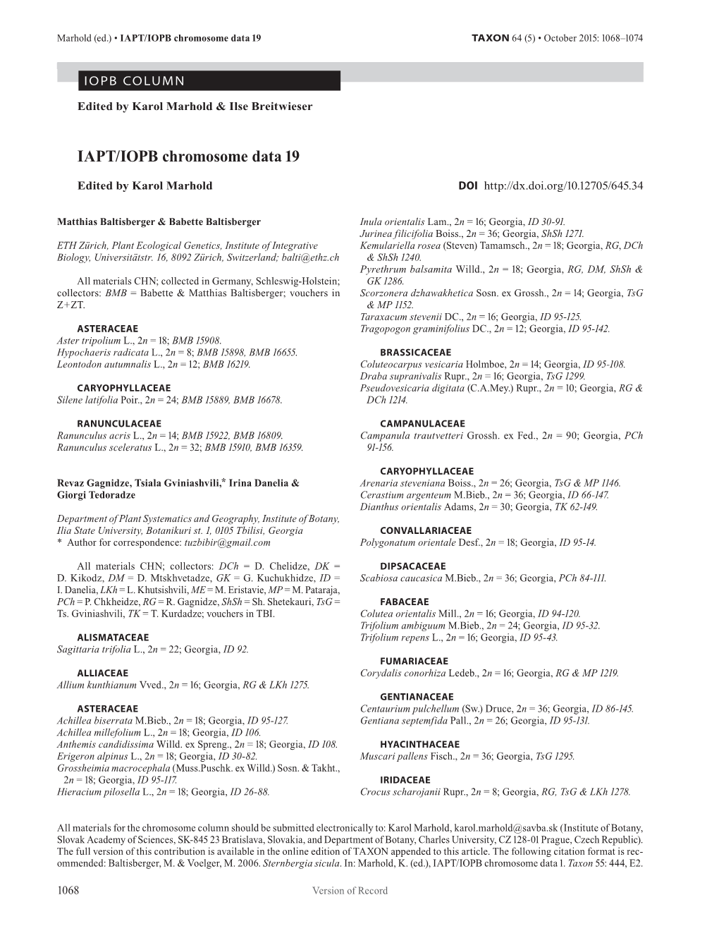 IAPT/IOPB Chromosome Data 19 TAXON 64 (5) • October 2015: 1068–1074
