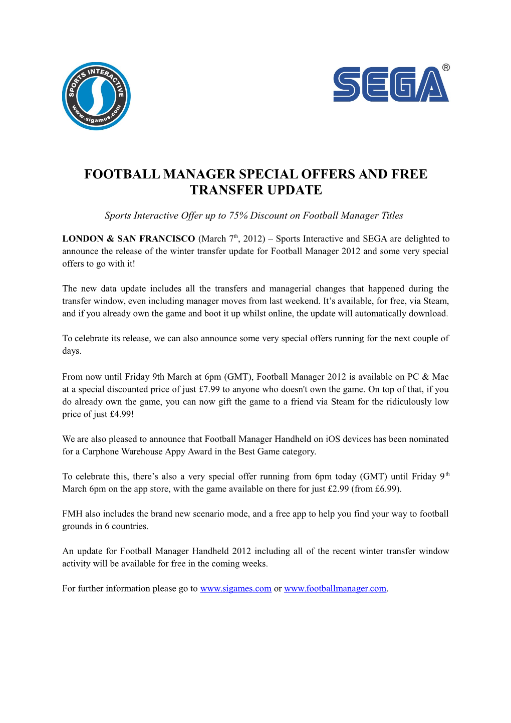 Football Manager Special Offers and Free Transfer Update