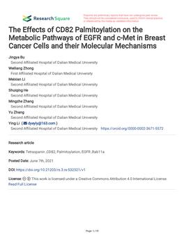 The Effects of CD82 Palmitoylation on the Metabolic Pathways of EGFR and C-Met in Breast Cancer Cells and Their Molecular Mechanisms