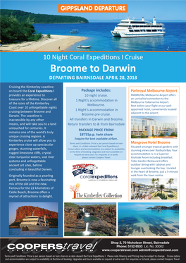Broome to Darwin Departing Bairnsdale APRIL 28, 2018