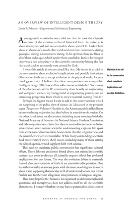 An Overview of Intelligent Design Theory a Young-Earth Creationist Once Told Me That He Took the Genesis Account of the Creation