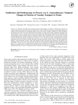 Seedlessness and Parthenocarpy in Pistacia Vera L. (Anacardiaceae): Temporal Changes in Patterns of Vascular Transport to Ovules