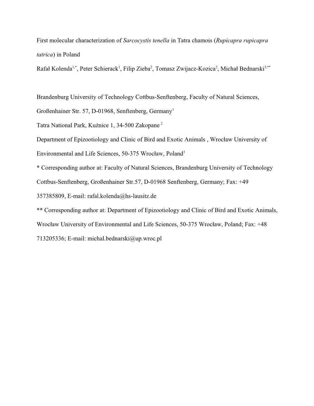 First Molecular Characterization of Sarcocystis Tenella in Tatra Chamois (Rupicapra Rupicapra