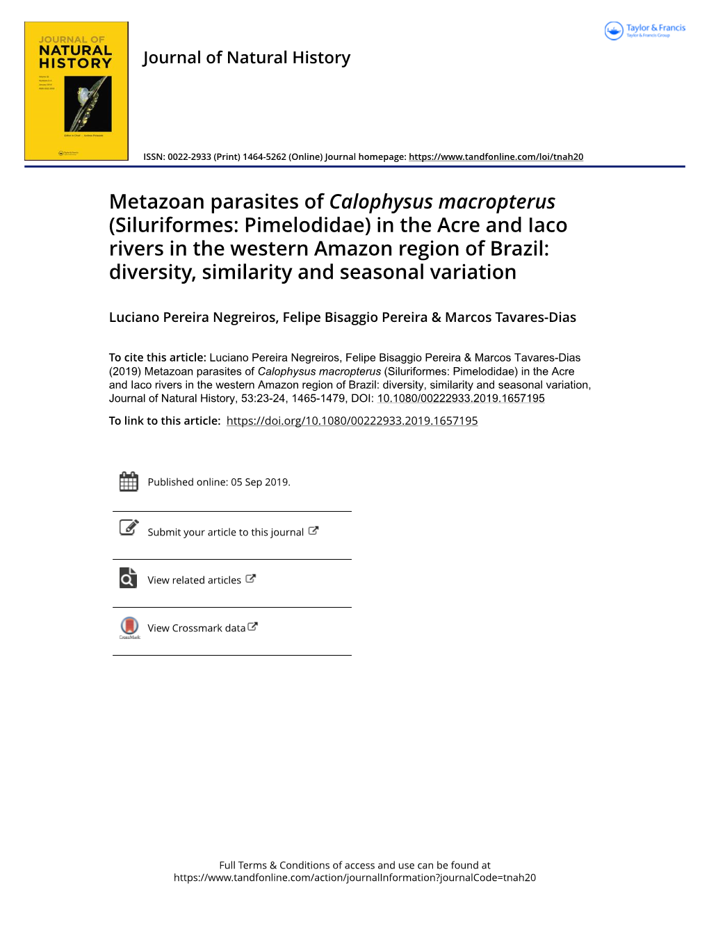 Metazoan Parasites of Calophysus Macropterus (Siluriformes