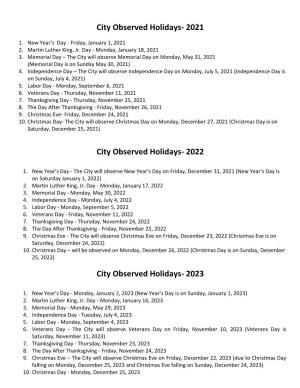 2022 City Observed Holidays- 2023