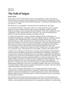 The Fall of Saigon James Fenton in the Summer of 1973 I Had a Dream in Which, to My Great Distress, I Died