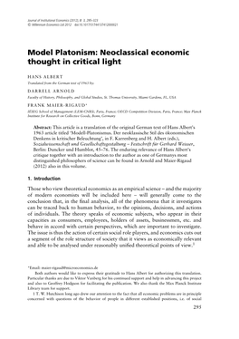 Model Platonism: Neoclassical Economic Thought in Critical Light