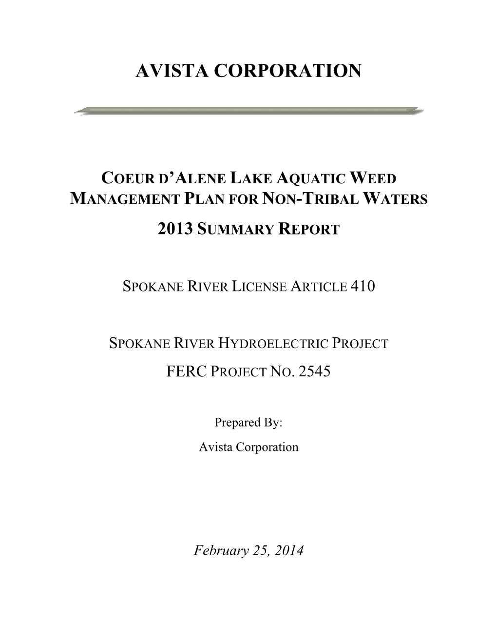 Coeur D'alene Lake Aquatic Weed Management Plan