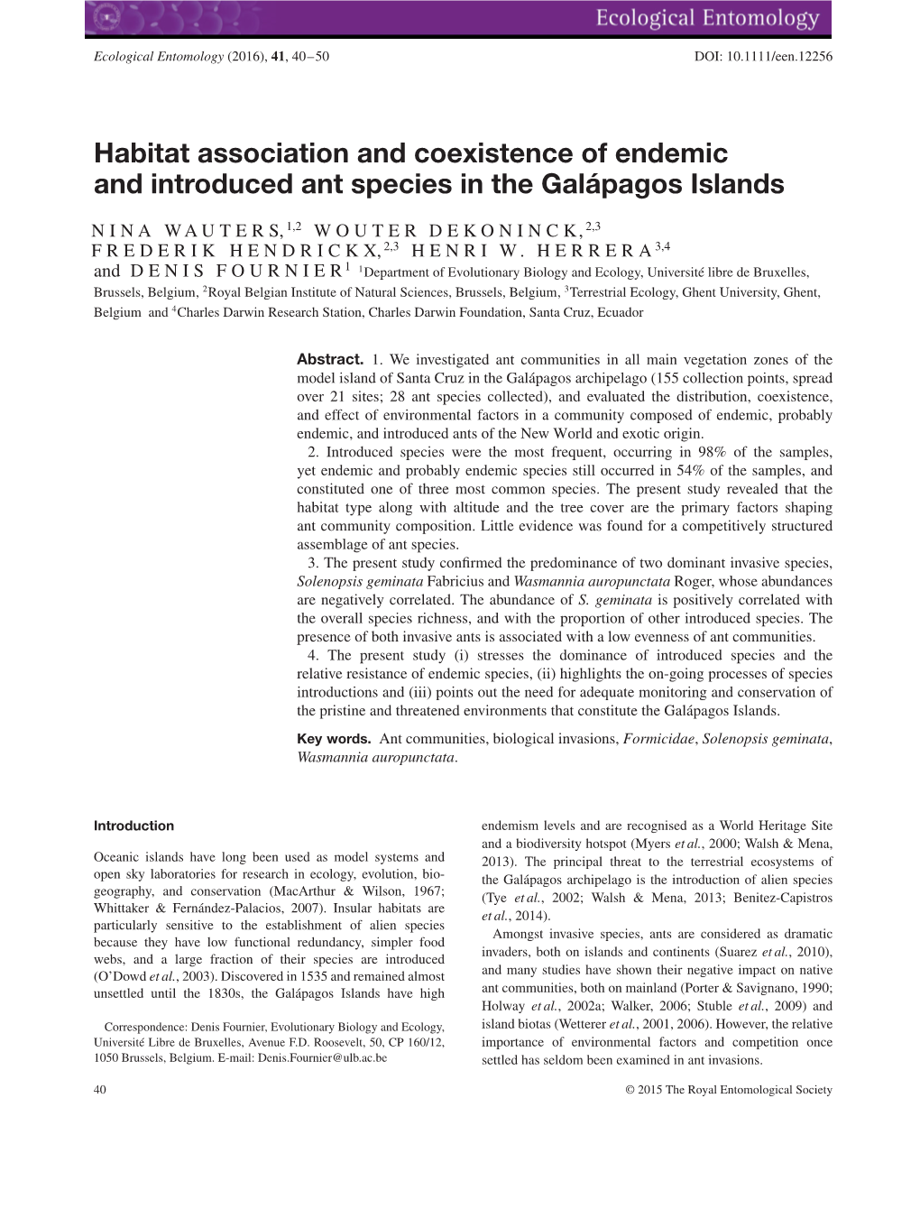Habitat Association and Coexistence of Endemic and Introduced Ant Species in the Galápagos Islands