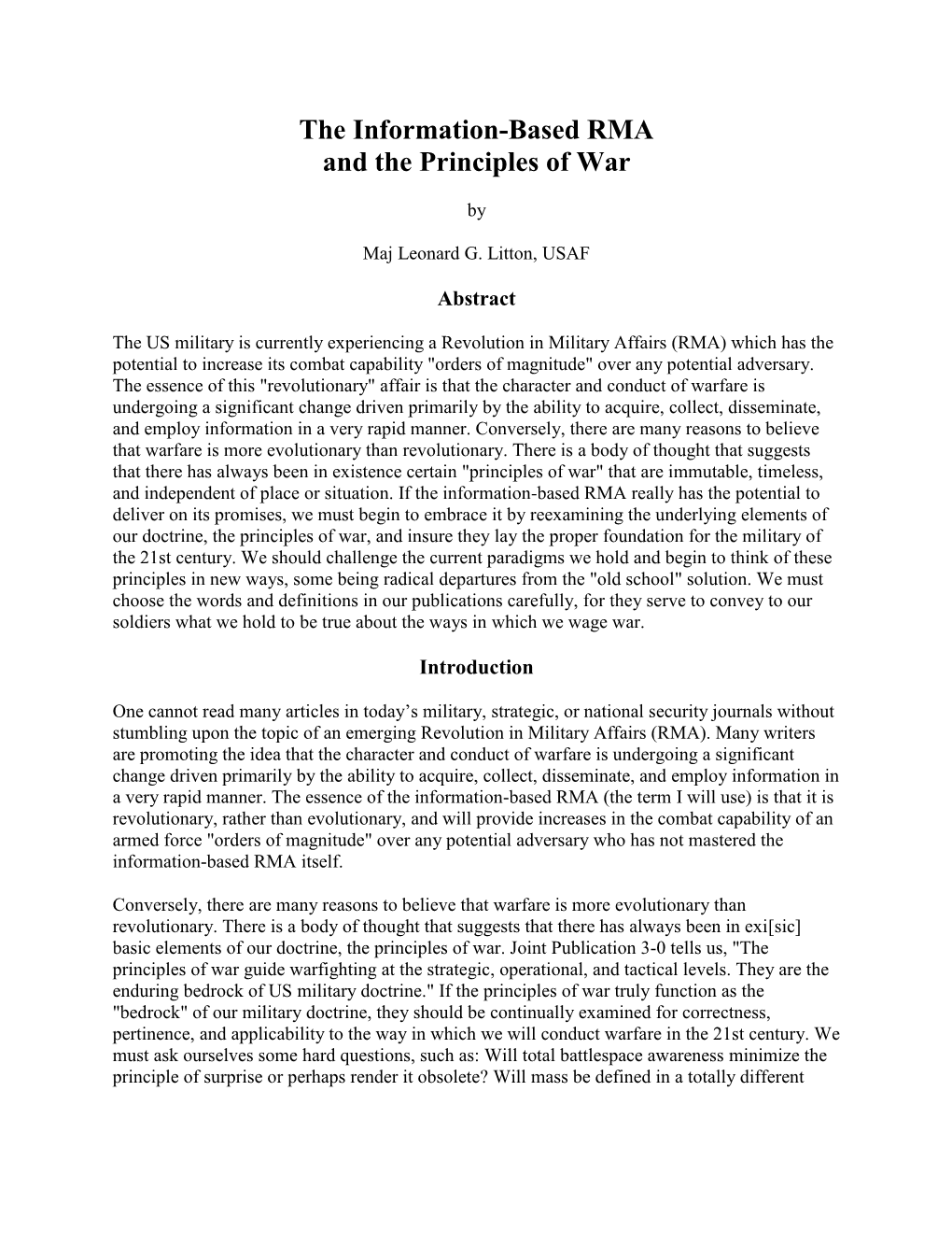 The Information-Based RMA and the Principles of War