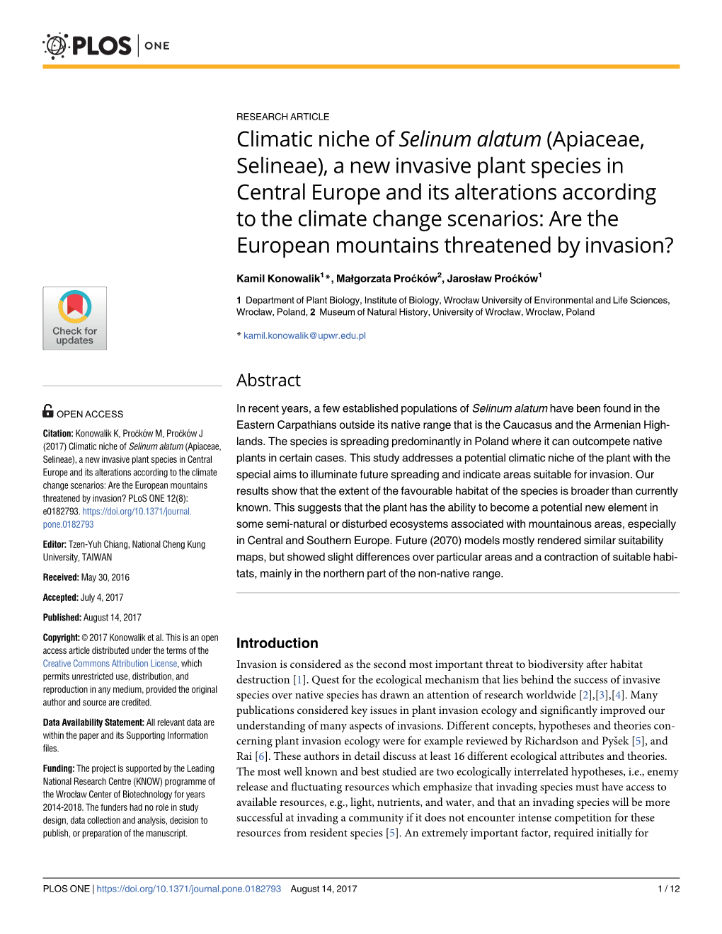 Climatic Niche of Selinum Alatum (Apiaceae, Selineae), a New