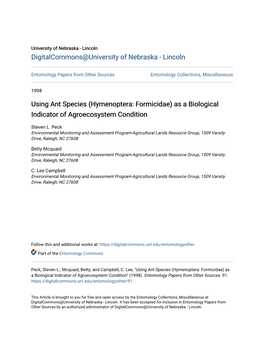 Using Ant Species (Hymenoptera: Formicidae) As a Biological Indicator of Agroecosystem Condition