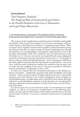 Enrico Buono1 “Our Forgotten Tradition” the Neglected Role of Continental Legal Culture in the Parallel Evolution of the Law & Humanities and Legal Clinics Movements