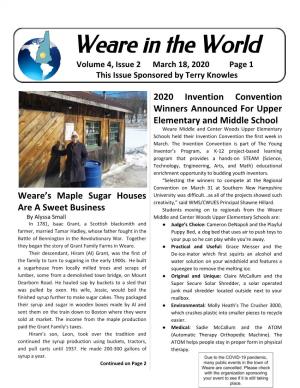 Weare in the World Volume 4, Issue 2 March 18, 2020 Page 1 This Issue Sponsored by Terry Knowles