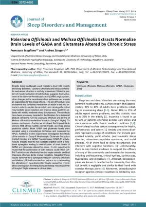 Valeriana Officinalis and Melissa Officinalis Extracts Normalize Brain Levels of GABA and Glutamate Altered by Chronic Stress
